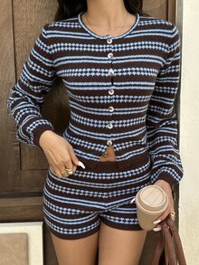 Autumina Set 2 Potong: Kardigan Bergaris Blok Warna Cokelat & Biru dan Celana Pendek Rajut - MultiWarna - View 6