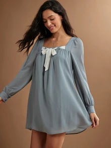 WESTFADE Bow Front Long Sleeve Babydoll Mini Dress, Fall Winter 2026 Western Style Cowgirl Clothing, Rodeo, Female Country Look, Autumn, Festival, Church - Dusty Blue - View 3