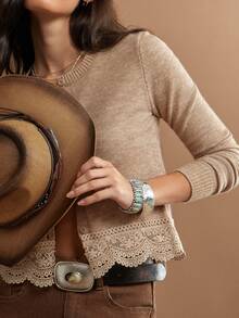 WESTFADE Button Front Long Sleeve Lace Hem Cardigan Sweater, Fall Winter 2026 Western Style Cowgirl Clothing, Rodeo, Female Country Look, Autumn, Festival - Khaki - View 2