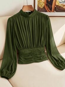SHEIN Clasi 女款純色百褶立領長袖時尚襯衫 - 軍綠色 - 查看 4