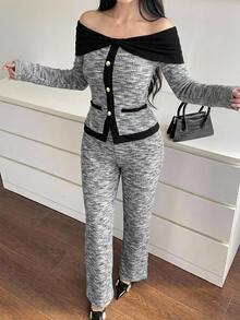 DAZY Women's Colorblock Off-Shoulder Knit Top And Pants 2 Pieces Set, Premium Autumn/Winter Dinner Office Black And White Gray Elegant - Grey - View 4