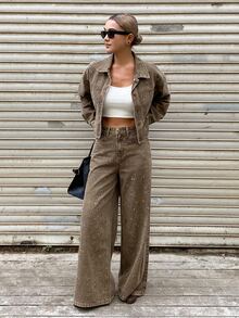 DAZY Women's Rhinestone Decorated Short Jacket And Loose Straight Leg Pants Vacation Style Brown Denim Set - Khaki - View 5