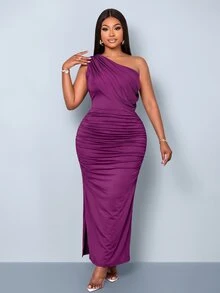 SOLERSUN Plus Size Asymmetrical Shoulder Draped Cape Sleeve Fitted Long Dress With Side Ruched High Slit Middle Eastern Evening Party Elegant Purple - Purple - View 5