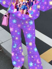 Tween女孩休閒可愛卡通女團印花 K-Pop 超級巨星亮星紮染圓領落肩衛衣與修身寬腿褲兩件套，適合秋冬 - 彩色 - 查看 4