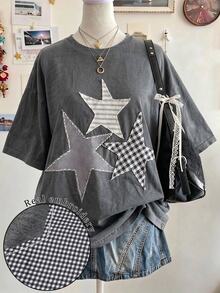 SHEIN 大尺碼女款星星刺繡圓領落肩休閒T恤 - 彩色 - 查看 1