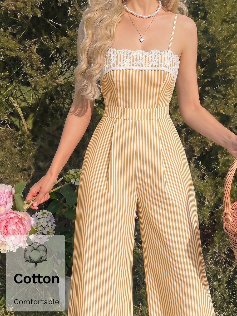 SHEIN MOD 女款條紋蕾絲拼接休閒日常細肩帶連身褲 - 黃色 - 查看 1