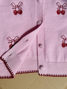 少女櫻桃刺繡長袖單排扣針織開襟衫 - 粉色 - 查看 5