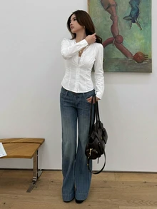DAZY Solid Color Turn-Down Collar Slim Fit Short Sleeve White Women's Shirt - White - View 3