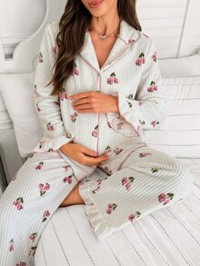 Moonlight&Mama Contrast Color Trim Ruffle Cuff & Hem Plush Striped Maternity Pajama Set - White - View 8