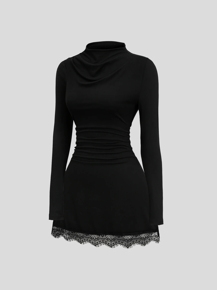 Sweetra Women's Elegant Fashion Versatile Commute & Comfortable Double-Brushed Milk Silk Spliced Lace Design Mini Dress - Black - View 1
