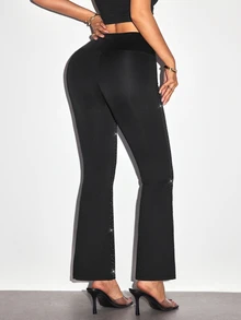 Slayform Women's Solid Color High Waist Sports Rhinestone Flare Pants - Black - View 2
