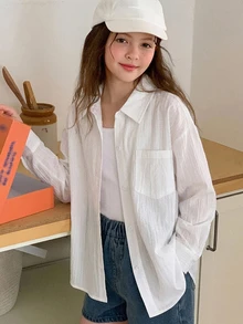Hapijoa Tween女孩秋季服飾 女孩 (大號) 翻領短袖襯衫 夏季 - 白色 - 查看 1
