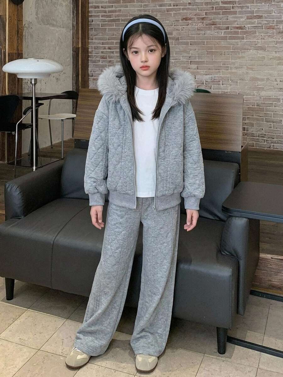 DAZY Set Pakaian Kasual Musim Gugur/Dingin untuk Anak Perempuan Remaja: Atasan Sweatshirt Lengan Panjang Berkerudung + Celana Panjang Lurus - Grey - View 1
