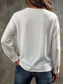 Breezaya Plus Size Women's Gentle Ruffle Trim V-Neck White Blouse, Loose Drapey Long Sleeve Commuter Top - White - View 2