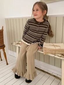 Hapijoa Young Girls' Striped Color Block Frill Trim Basic Short Cardigan Sweater, Autumn/Winter - Brown - View 8