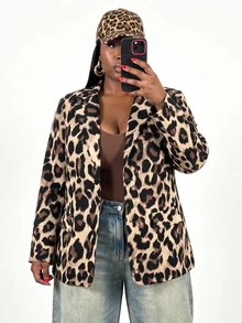 Slaydiva Blazer Leopard Motif Elegan Ukuran Plus untuk Komuter, Jaket Jas Tipis untuk Musim Gugur - Coklat - View 9