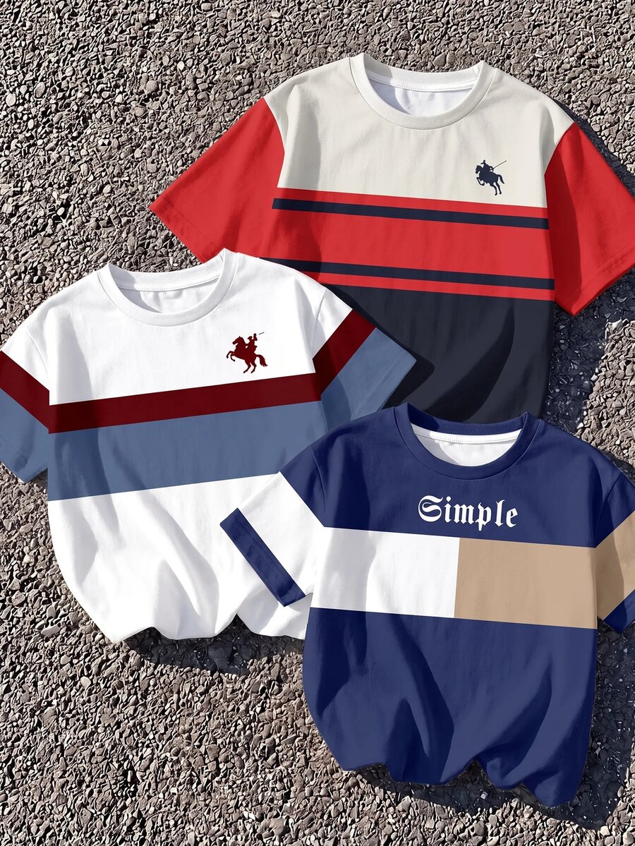 Tween Boy Casual Comfortable Fashion Minimalist Crew Neck Short Sleeve T-Shirt 3pcs Set, Classic Color Block Retro Patchwork Graphic Print, Geometric Pattern Graphic Print, Delicate Small Logo Graphic Print, Suitable For Autumn/Winter, Suitable For Back To School Season - Multicolor - View 1