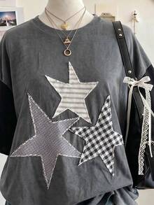 Lalippa Kaos Wanita Ukuran Besar Panjang Sedang Leher Bulat Bahu Jatuh dengan Cetakan Digital Pentagram dan Bordir Aplikasi, Gaya Minimalis Modis, Hadiah untuk Teman - Dark Grey - View 3