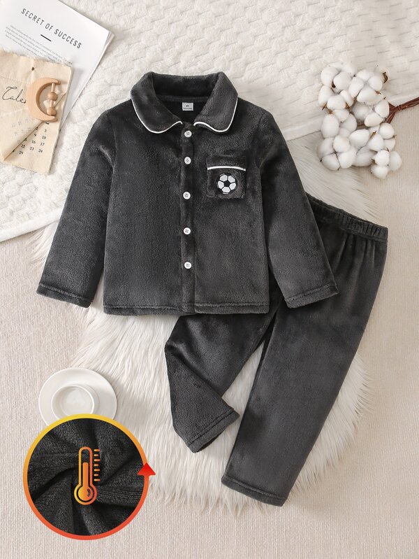 2pcs/Set Autumn/Winter Double-Sided Flannel Fleece Lined Boys Toddler Black/Grey Minimalist Fashion Solid Color Fuzzy Long Sleeve Top With Chest Pocket And Football Embroidery & Long Pants Casual Comfortable Loungewear
