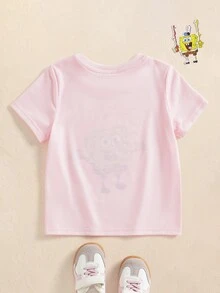 SpongeBob SquarePants | SHEIN Young Girl Cute Cartoon Graphic Print Round Neck Short Sleeve T-Shirt Comfortable - Pink - View 2