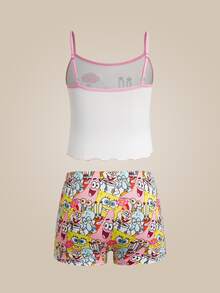SpongeBob SquarePants | SHEIN Tween Girl Cartoon Print Camisole & Boyshort Underwear Set - Pink - View 2