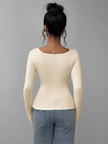 SHEIN BASICS 女款休閒純色針織修身長袖圓領基礎款T恤，日常居家杏色秋季 - 杏色 - 查看 6