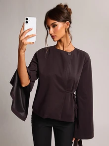 SHEIN BAE Jaket Lengan Panjang Wanita Warna Polos Kasual Elegan Serbaguna untuk Sehari-hari, Kantor, Cokelat Tua, Musim Gugur - Red Violet - View 7
