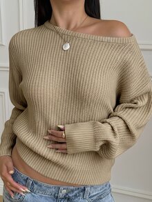 SHEIN 青少年女孩休閒條紋針織毛衣，簡約時尚，適合日常穿著，秋冬款 - 卡其色 - 查看 1