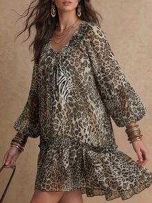 Solivie Women's Leopard Print V-Neck Lantern Sleeve Ruffle Hem Fashion Dress - Multicolor - View 3