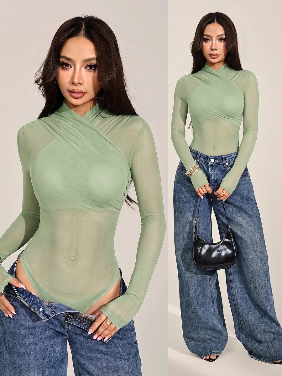 SHEIN PETITE 女款性感純色網紗包覆式連身衣,透視長袖 - 薄荷綠 - 查看 1
