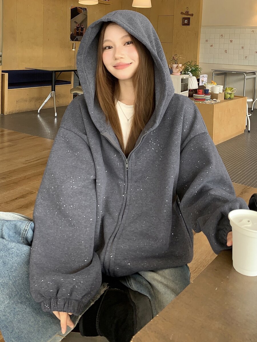 DAZY Women's Solid Color Hooded Zip-Up Casual Everyday Sweatshirt Fall Oversized T Shirts For Women - Grey - View 1