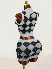 Mistrie Vintage British Style Argyle Knit Set, Half-High Neck Asymmetrical Button Sleeveless Vest & Fitted Bodycon Skirt 2 Pieces Set - Grey - View 3