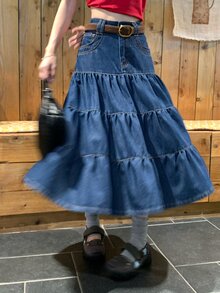 DAZY Rok Denim Multilayer Kasual Wanita untuk Musim Gugur - Biru - View 1