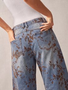 Bohemela 女款高腰寬鬆寬腿花卉印花牛仔褲，附口袋與前鈕扣設計 - 中等水洗藍 - 查看 3