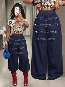 Slaydiva Celana Jeans Denim Wanita Kasual Serbaguna untuk Pemakaian Harian dengan Ujung Rumbai - Dark Wash - View 1