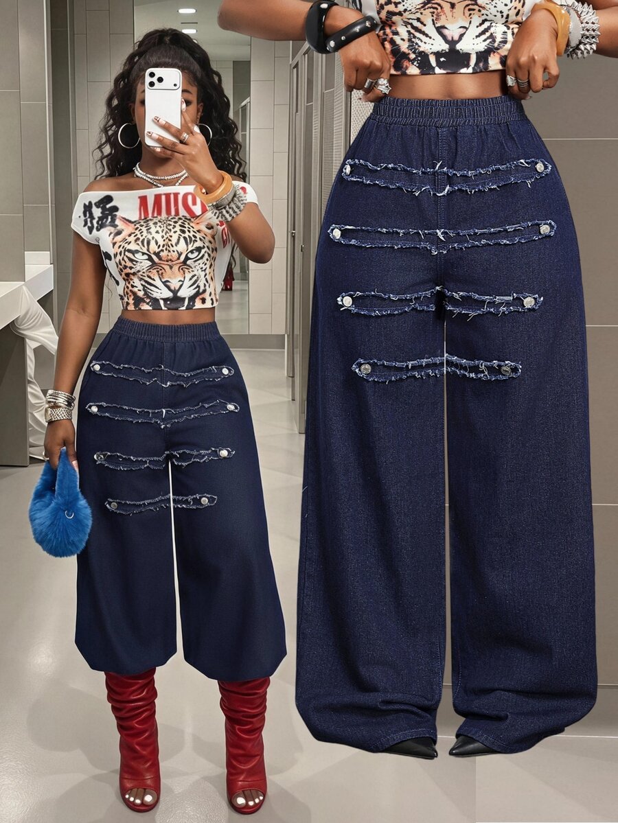 Slaydiva Celana Jeans Denim Wanita Kasual Serbaguna untuk Pemakaian Harian dengan Ujung Rumbai - Dark Wash - View 1