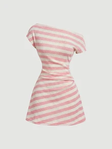 SHEIN MOD 條紋不對稱領修身度假迷你洋裝 - 粉色 - 查看 3