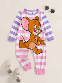TOM & JERRY X SHEIN Baby Girl Striped Round Neck Long Sleeve Casual Romper - Pink - View 1