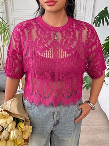 Solflare Plus Size Women's Sheer Lace Top In Rose Red - Hot Pink - View 4