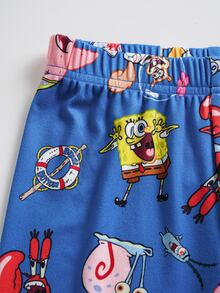 SpongeBob SquarePants | SHEIN 小男孩卡通印花短袖上衣與內搭褲家居服套裝 - 藍色 - 查看 6