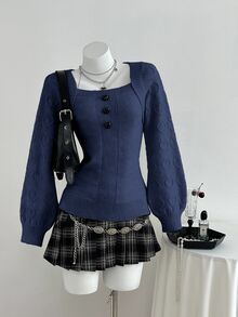 Elamini Sweet Heart Button Design Casual Versatile Women's Sweater - Blue - View 4