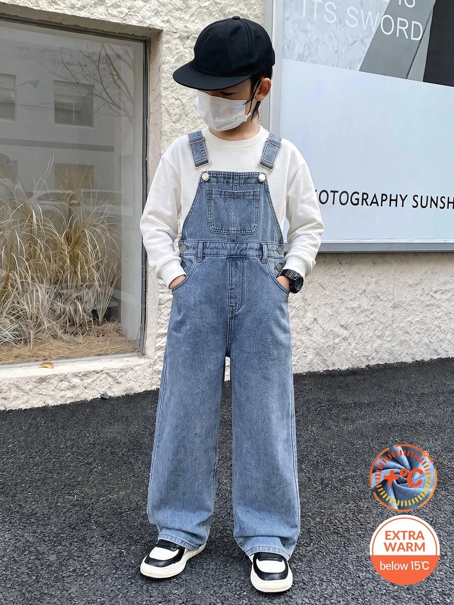 SHEIN 青少年男孩時尚休閒 Y2K 冬季藍色抓絨內裡寬鬆露背牛仔褲,黑色上學款 - 藍色 - 查看 1