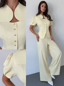 Firerie Women's Solid Color Short Petal Sleeve Single-Breasted Jacket And Wide Leg Pants Elegant Suit Set - Light Yellow - View 5