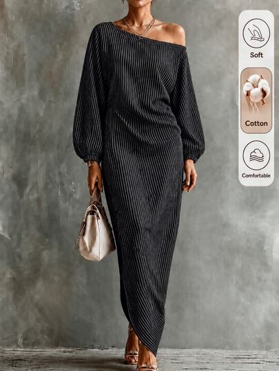 Omancia Casual Loose Asymmetrical Shoulder 3/4 Sleeve Striped Print Dress For Women