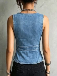 LUMIGAL Women's Contrast Lace Single-Breasted Vest - Blue - View 2