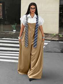 Maweii Plus Size Women's Striped Grommet Buckle 2 In 1 Wide Leg Jumpsuit - Khaki - View 3
