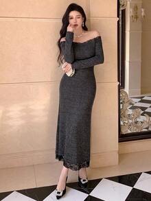 DAZY Women's Square Neck Lace Patchwork Soft Fitted Long Dress Fall - Dark Grey - View 6