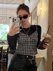 DAZY Women's Round Neck Plaid Patchwork Long Sleeve Slim Fit Base Layer Casual Elegant Top - Black - View 8