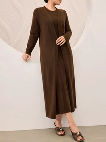 Graceveil Women's Cardigan Round Neck Elegant Lazy Autumn/Winter Sweater 2 Pieces Set - Coffee Brown - View 5
