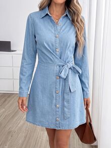 SHEIN MOD Women's Fashion Versatile Single-Breasted Long Sleeve Denim Dress - Blue - View 5